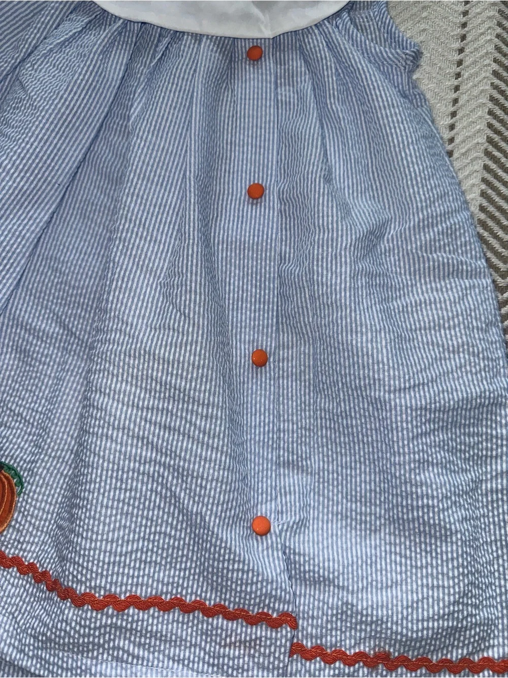 NWT Lil Cactus Blue Seersucker Dress with Pumpkin Appliqué